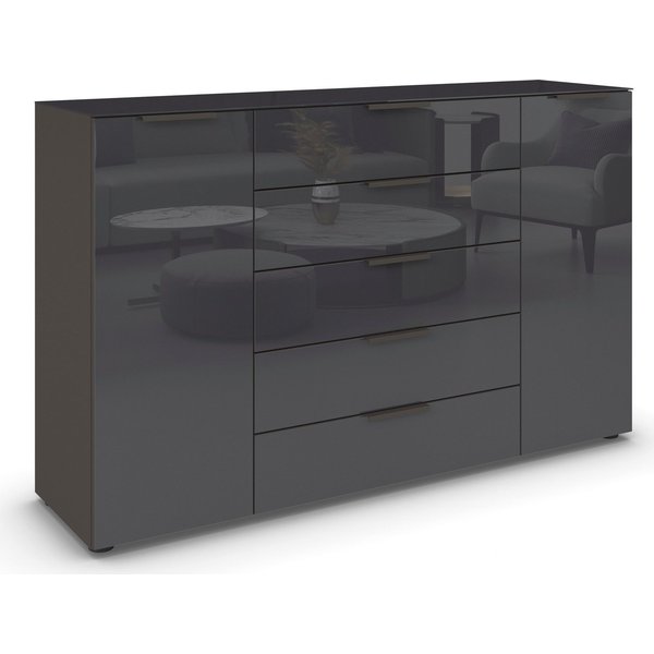 rauch Schubkastenkommode Kommode Türkommode Sideboard Kombikommode FLIPP mit Glasfront (Breite 160/180 cm mit 4 Einlegeböden), 2-türig, 5 Schubladen, Soft-Close