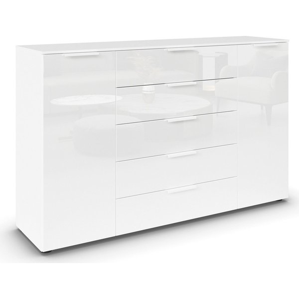 rauch Schubkastenkommode Kommode Türkommode Sideboard Kombikommode FLIPP mit Glasfront (Breite 160/180 cm mit 4 Einlegeböden), 2-trg mit 5 Schubladen und Soft-C