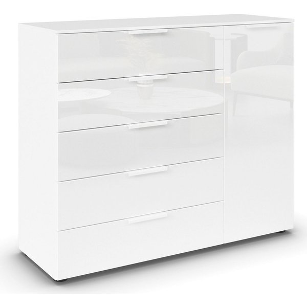rauch Schubkastenkommode Kommode Türkommode Sideboard Kombikommode FLIPP mit Glasfront (Breite 120 cm mit 2 Einlegeböden), 1-türig mit 5 Schubladen und Soft-Clo
