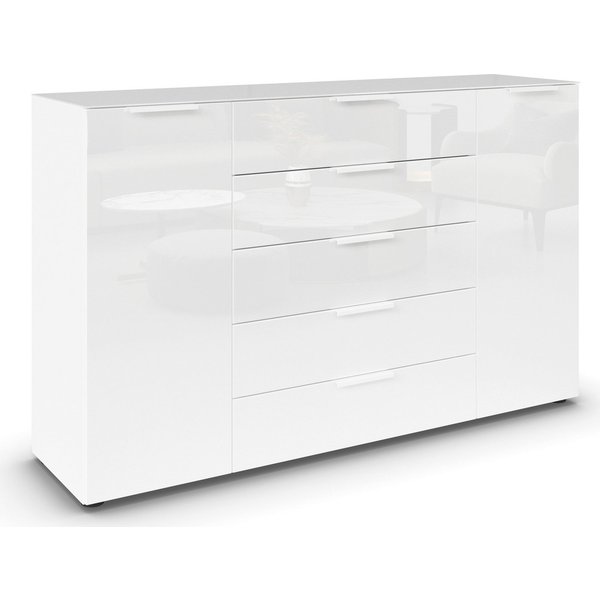 rauch Schubkastenkommode Kommode Türkommode Sideboard Kombikommode FLIPP mit Glasfront (Breite 160/180 cm mit 4 Einlegeböden), 2-türig, 5 Schubladen, Soft-Close