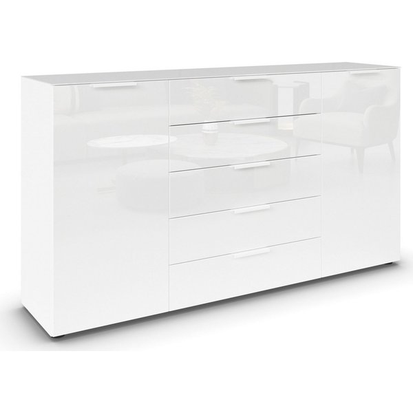 rauch Schubkastenkommode Kommode Türkommode Sideboard Kombikommode FLIPP mit Glasfront (Breite 160/180 cm mit 4 Einlegeböden), 2-türig, 5 Schubladen, Soft-Close