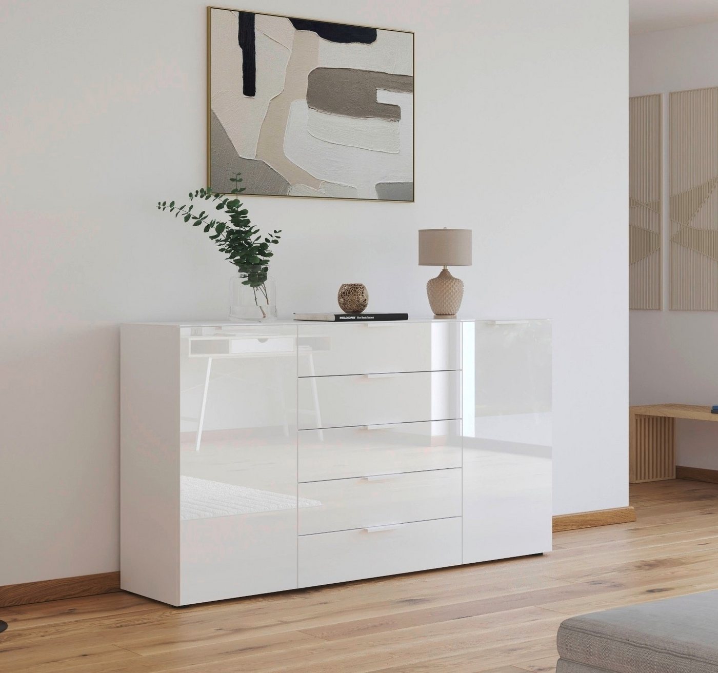 rauch Schubkastenkommode Kommode Türkommode Sideboard Kombikommode FLIPP mit Glasfront (Breite 160/180 cm mit 4 Einlegeböden), 2-türig, 5 Schubladen, Soft-Close – Bild 2 von 5
