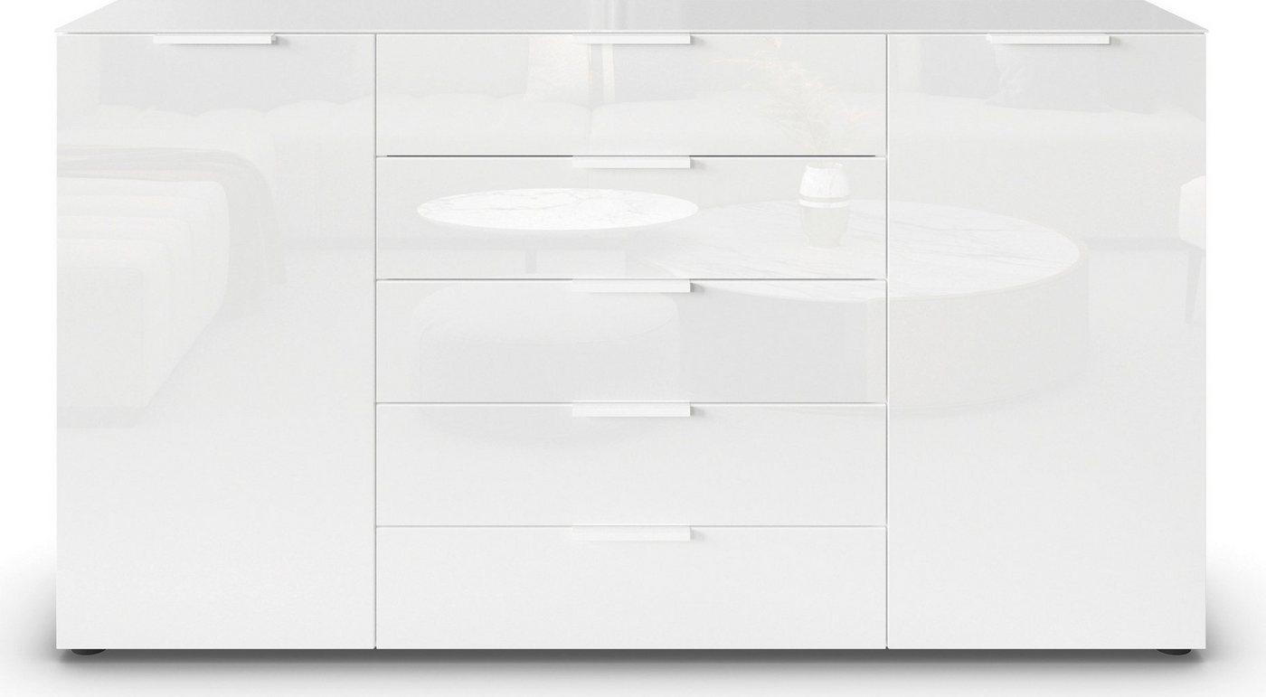 rauch Schubkastenkommode Kommode Türkommode Sideboard Kombikommode FLIPP mit Glasfront (Breite 160/180 cm mit 4 Einlegeböden), 2-türig, 5 Schubladen, Soft-Close – Bild 4 von 5