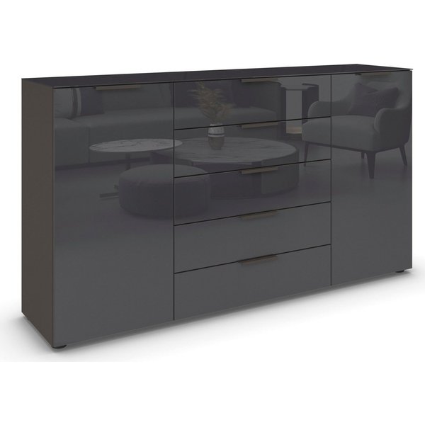rauch Schubkastenkommode Kommode Türkommode Sideboard Kombikommode FLIPP mit Glasfront (Breite 160/180 cm mit 4 Einlegeböden), 2-türig, 5 Schubladen, Soft-Close