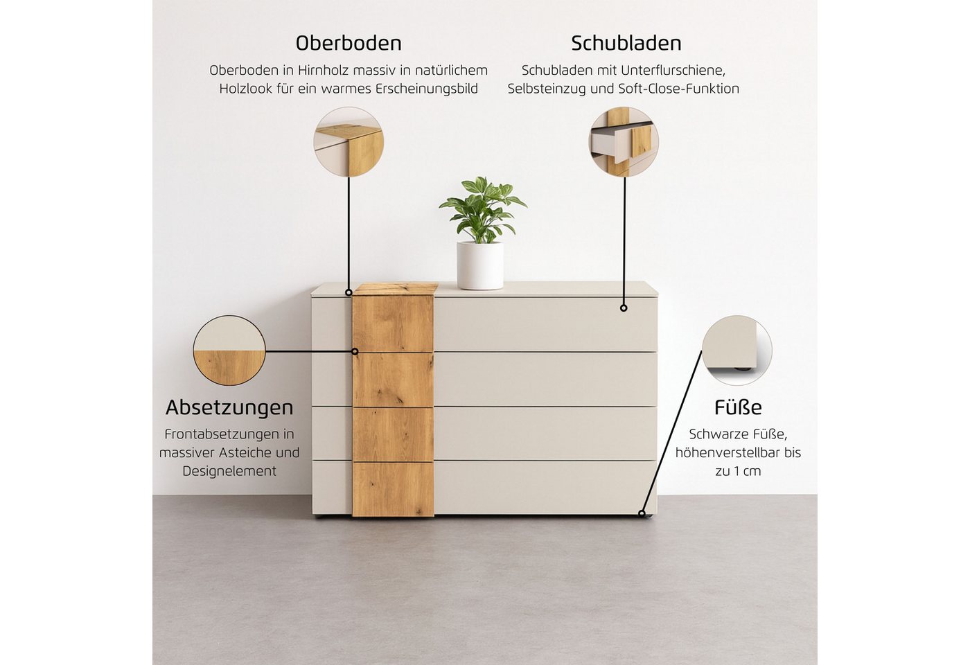 rauch Schubkastenkommode Sideboard Kommode Schubladenkommode KONA (Breite 120 cm, Höhe 81 cm), Absetzung Asteiche massiv, inkl. SOFT-CLOSE-FUNKTION MADE IN GERM – Bild 3 von 5