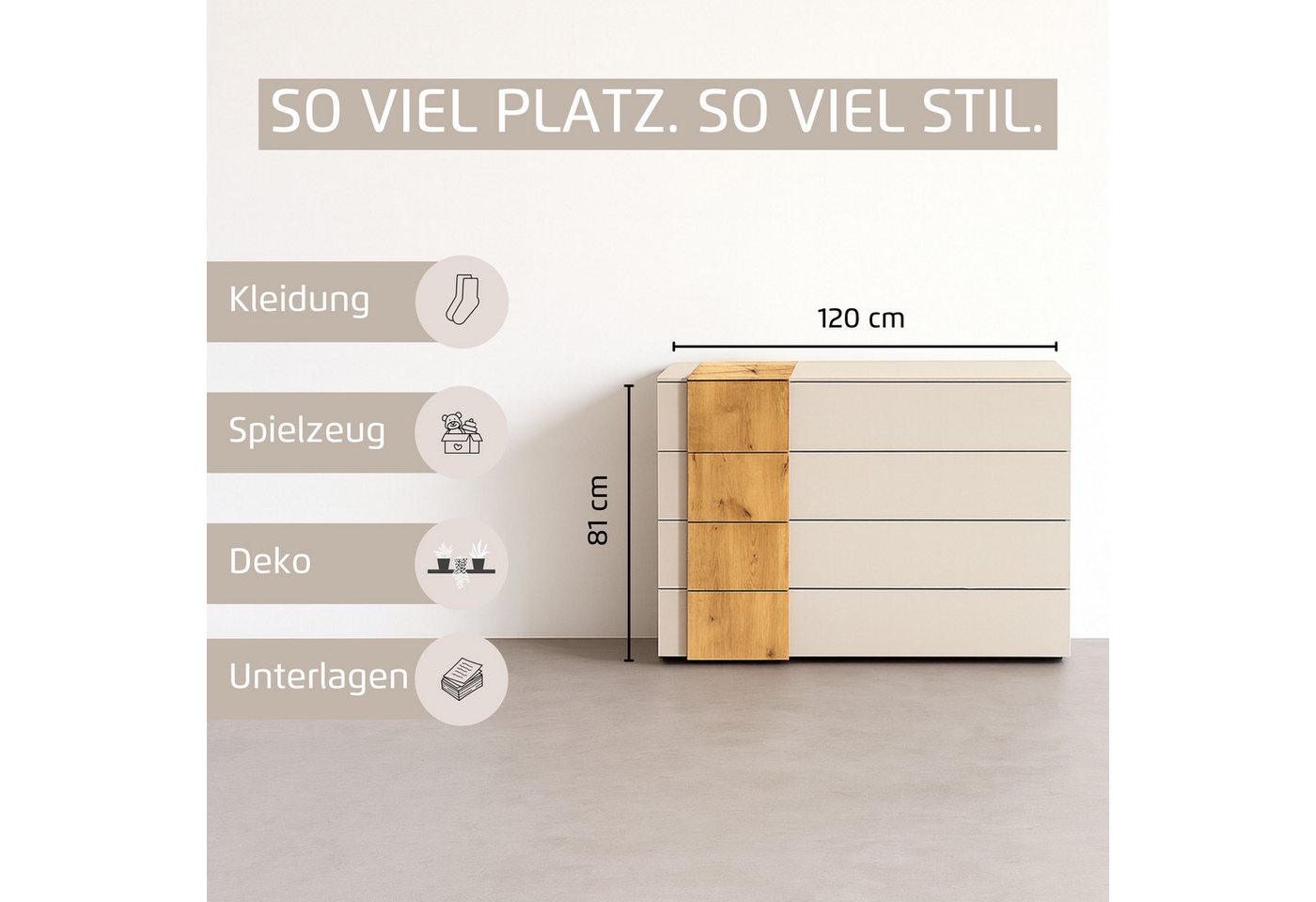 rauch Schubkastenkommode Sideboard Kommode Schubladenkommode KONA (Breite 120 cm, Höhe 81 cm), Absetzung Asteiche massiv, inkl. SOFT-CLOSE-FUNKTION MADE IN GERM – Bild 4 von 5