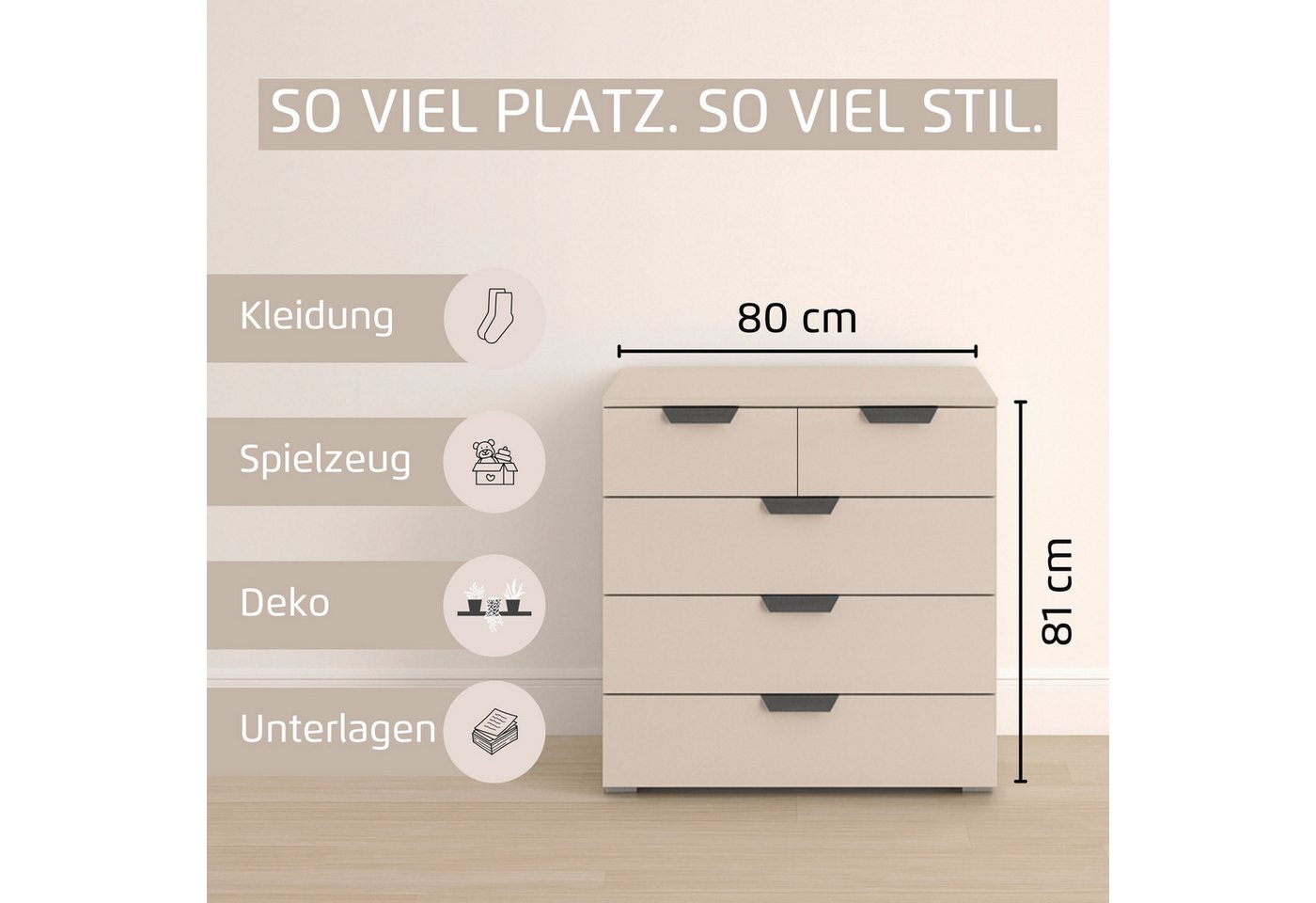 rauch Schubkastenkommode Sideboard Schubladenkommode COSTA mit farblich passenden Metallgriffen (in 2 Griff-Farben, Breite 80 cm), fünf praktische und geräumige – Bild 4 von 5