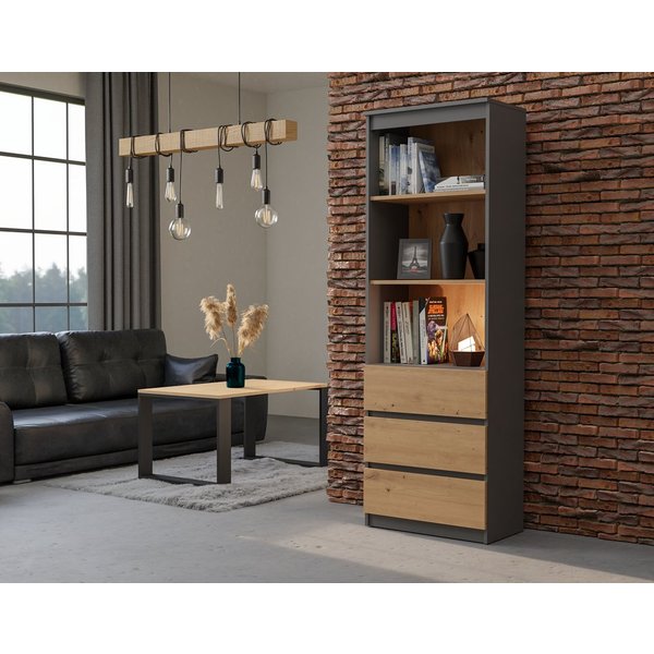 Raumhirsch Furniture Bücherregal Regal, Standregal, Bücherregal, Maße 60 x 35 x 180 cm, 3 Schubladen, 3 Fächer, Viel Stauraum, Stabile Konstruktion