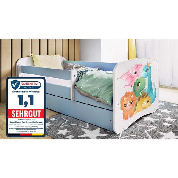 Raumhirsch Furniture Kinderbett 70x140, 80x160, 80x180 cm - Komplettset mit Matratze & Schublade (Bett für Mädchen, Einzelbett Kinder 2–12, mit Rausfallschutz &
