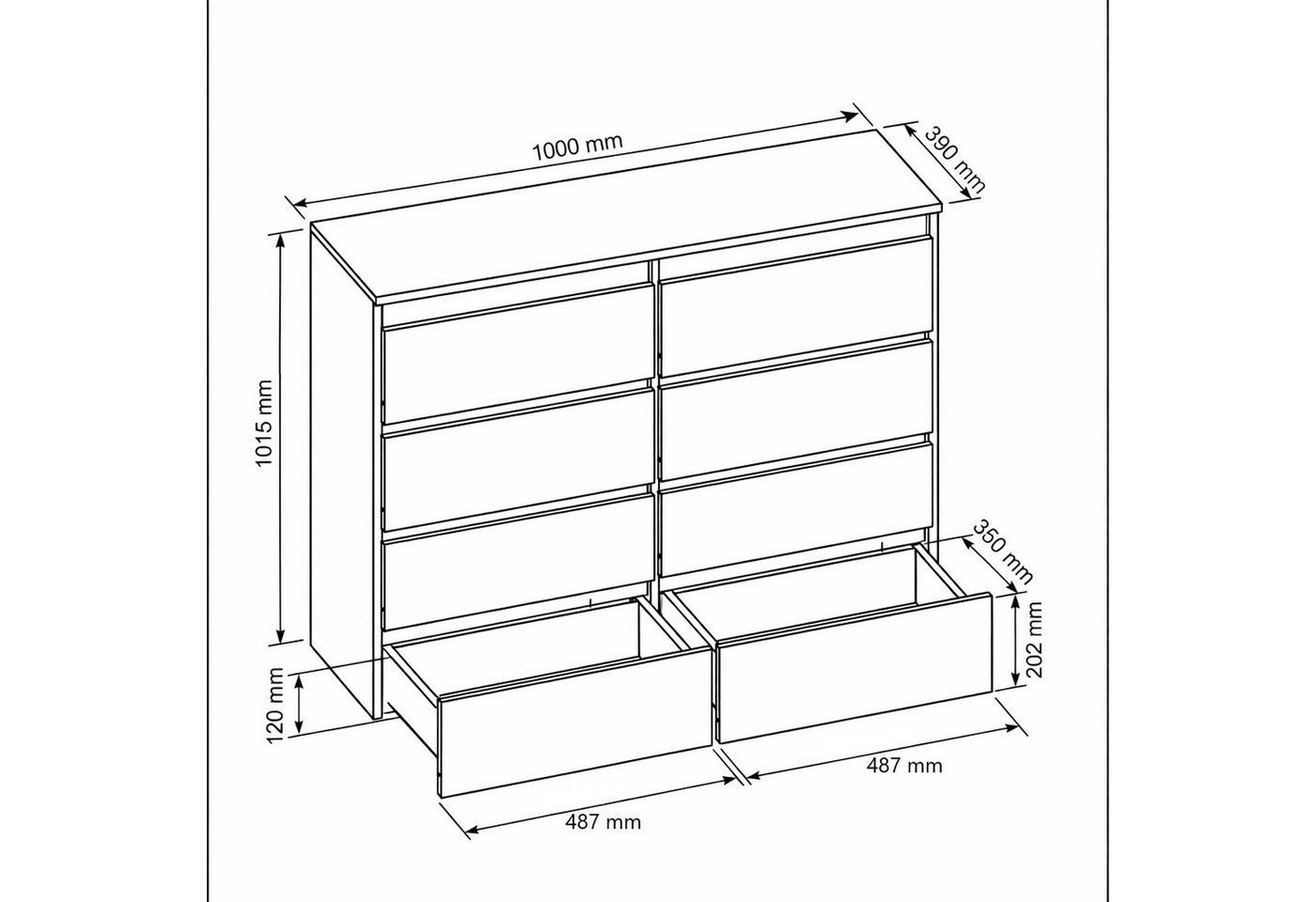 Raumhirsch Furniture Kommode, Sideboard, Kommode für das Schlafzimmer - Wohnzimmer (Maße: 120 × 39 × 101,5 cm, 2 Türen, 4 Schubladen, Rollenschienen), viele Far – Bild 2 von 2
