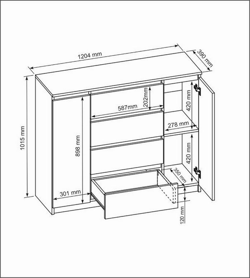 Raumhirsch Furniture Kommode, Sideboard, Kommode für das Schlafzimmer - Wohnzimmer (Maße: 120 × 39 × 101,5 cm, 2 Türen, 4 Schubladen, Rollenschienen), viele Far – Bild 3 von 5