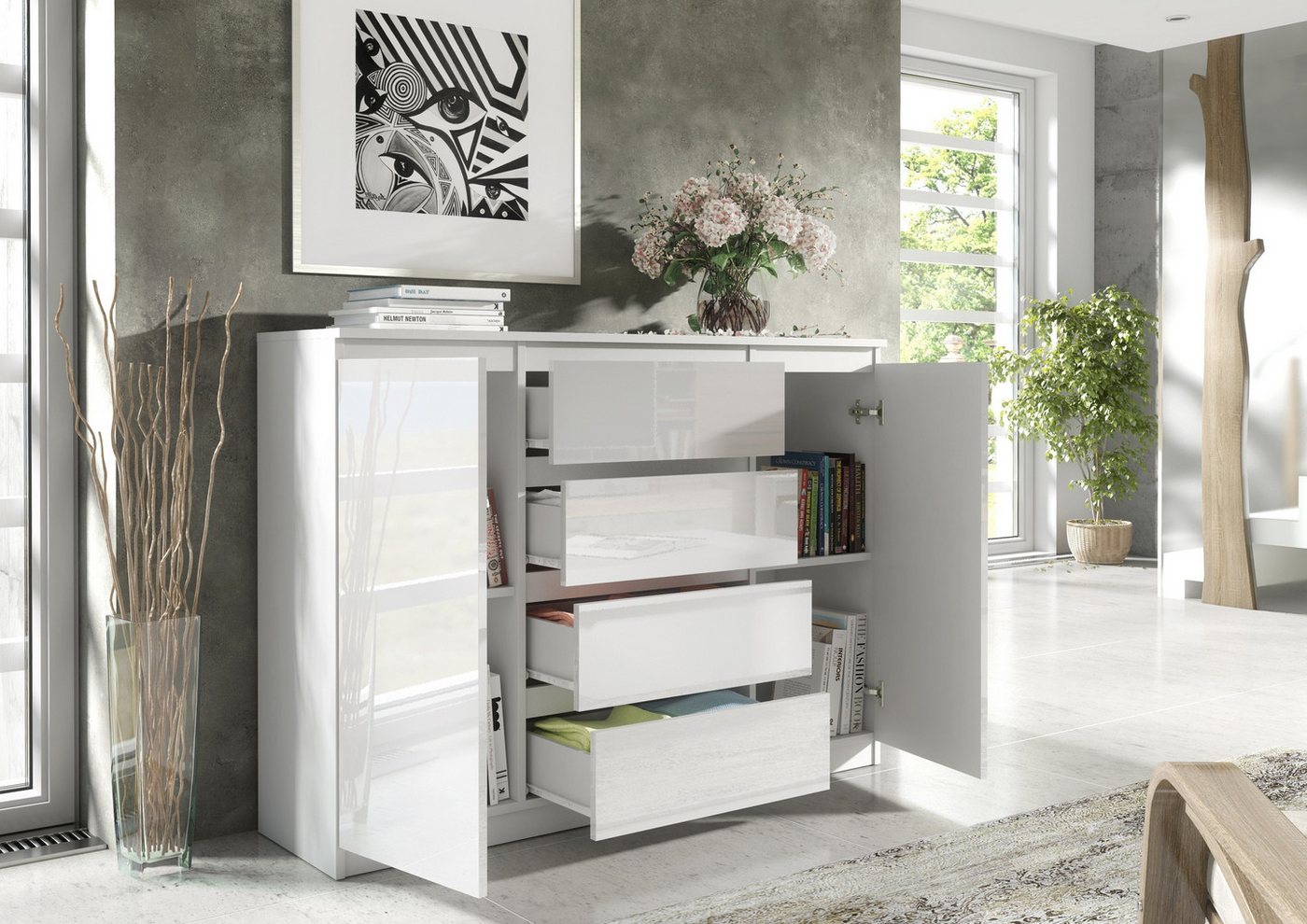 Raumhirsch Furniture Kommode, Sideboard, Kommode für das Schlafzimmer - Wohnzimmer (Maße: 120 × 39 × 101,5 cm, 2 Türen, 4 Schubladen, Rollenschienen), viele Far – Bild 5 von 5