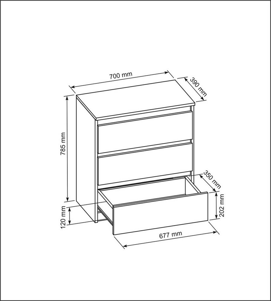 Raumhirsch Furniture Kommode, Sideboard, Kommode für das Schlafzimmer - Wohnzimmer (Maße: 70 × 39 × 78,5 cm, 3 Schubladen, Rollenschienen), viele Farbvarianten  – Bild 3 von 5