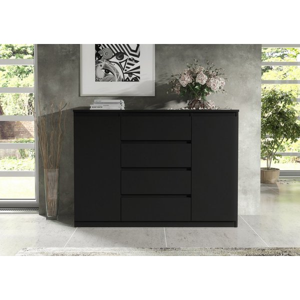 Raumhirsch Furniture Kommode, Sideboard, Kommode für das Schlafzimmer - Wohnzimmer (Maße: 138,5 × 39 × 101,5 cm, 2 Türen, 4 Schubladen, Rollenschienen), viele F