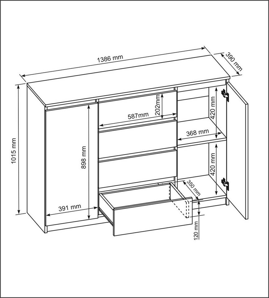 Raumhirsch Furniture Kommode, Sideboard, Kommode für das Schlafzimmer - Wohnzimmer (Maße: 138,5 × 39 × 101,5 cm, 2 Türen, 4 Schubladen, Rollenschienen), viele F – Bild 3 von 5