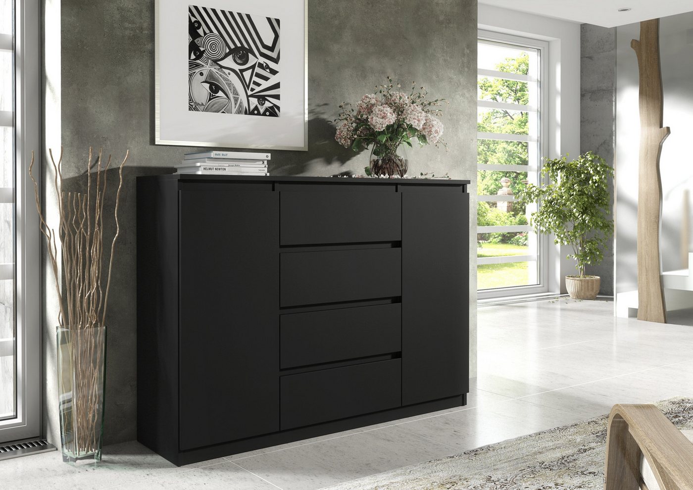 Raumhirsch Furniture Kommode, Sideboard, Kommode für das Schlafzimmer - Wohnzimmer (Maße: 138,5 × 39 × 101,5 cm, 2 Türen, 4 Schubladen, Rollenschienen), viele F – Bild 4 von 5
