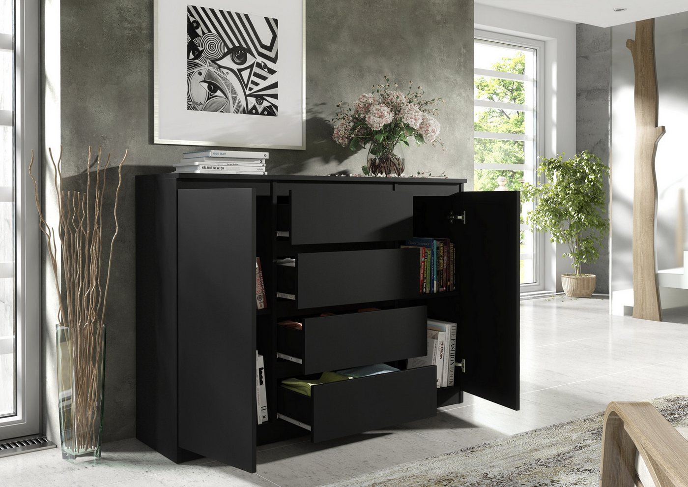 Raumhirsch Furniture Kommode, Sideboard, Kommode für das Schlafzimmer - Wohnzimmer (Maße: 138,5 × 39 × 101,5 cm, 2 Türen, 4 Schubladen, Rollenschienen), viele F – Bild 5 von 5