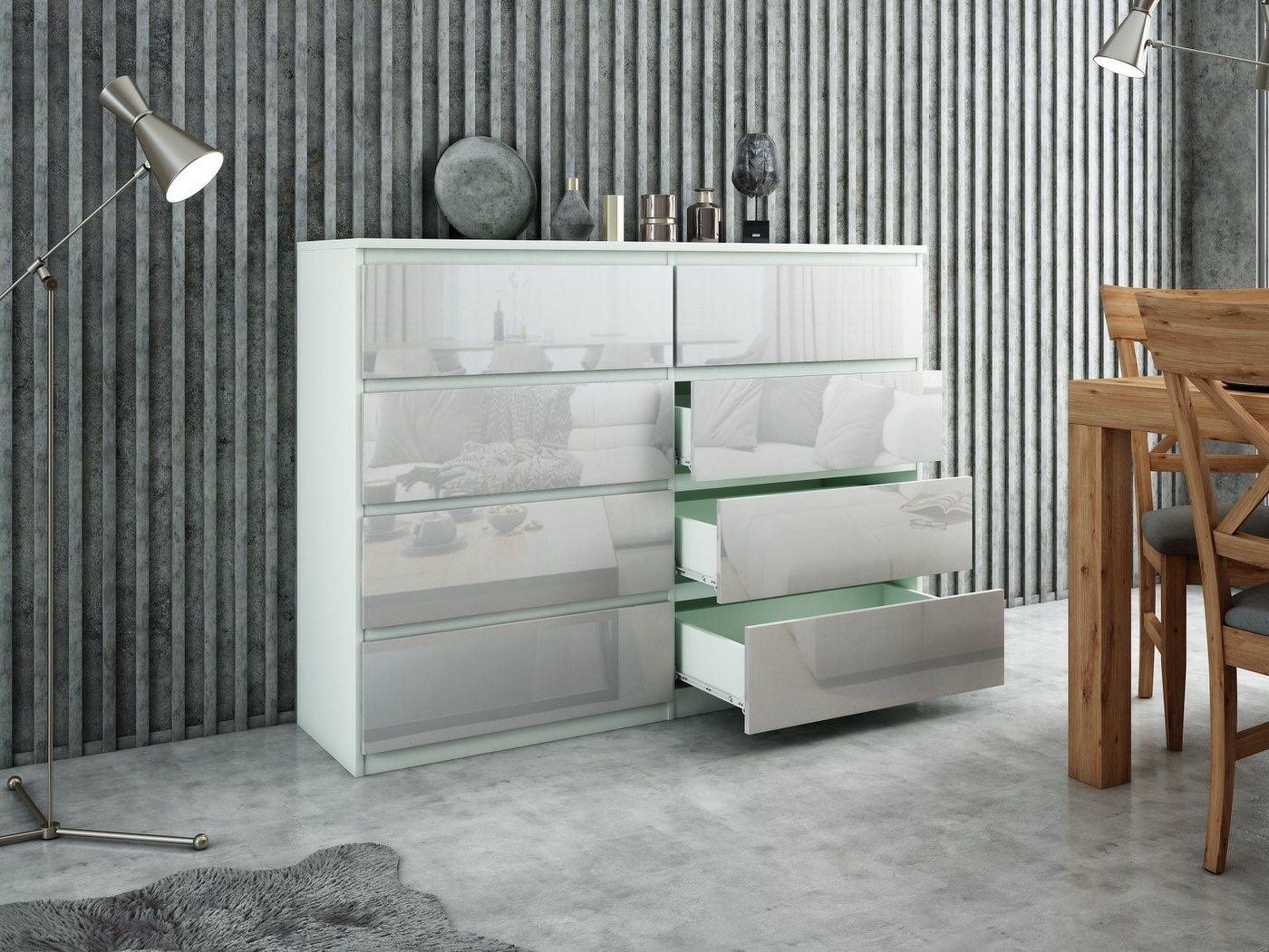 Raumhirsch Furniture Kommode, Sideboard, Kommode für das Schlafzimmer - Wohnzimmer (Maße: 120 × 39 × 101,5 cm, 8 Schubladen, Rollenschienen), viele Farbvariante – Bild 4 von 5