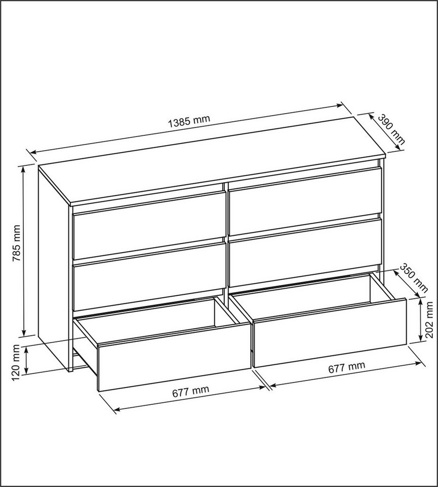 Raumhirsch Furniture Kommode, Sideboard, Kommode für das Schlafzimmer - Wohnzimmer (Maße: 138,5 × 39 × 78,5 cm, 6 Schubladen, Rollenschienen), viele Farbvariant – Bild 3 von 5