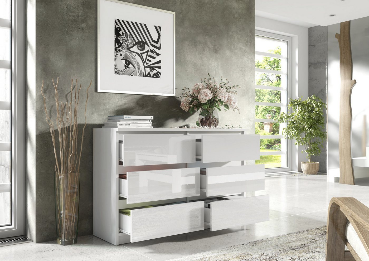 Raumhirsch Furniture Kommode, Sideboard, Kommode für das Schlafzimmer - Wohnzimmer (Maße: 138,5 × 39 × 78,5 cm, 6 Schubladen, Rollenschienen), viele Farbvariant – Bild 5 von 5