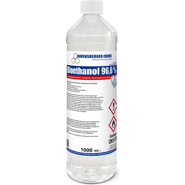 Ravensberger Chemie Bioethanol 96,6 % Premium Kaminbrennstoff für Tischkamin Ethanol Kamin, 1 l, Premium Bioethanol 96,6 % für Tischkamin & Ethanolkamin - 1L