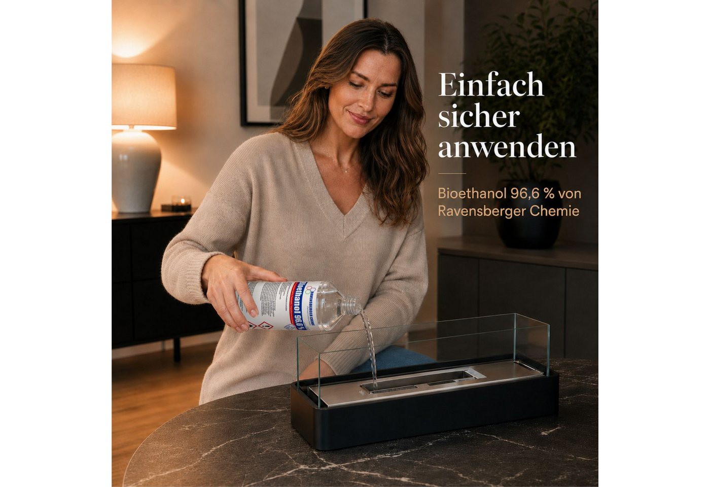 Ravensberger Chemie Bioethanol 96,6 % Premium Kaminbrennstoff für Tischkamin Ethanol Kamin, 1 l, Premium Bioethanol 96,6 % für Tischkamin & Ethanolkamin - 1L – Bild 2 von 5