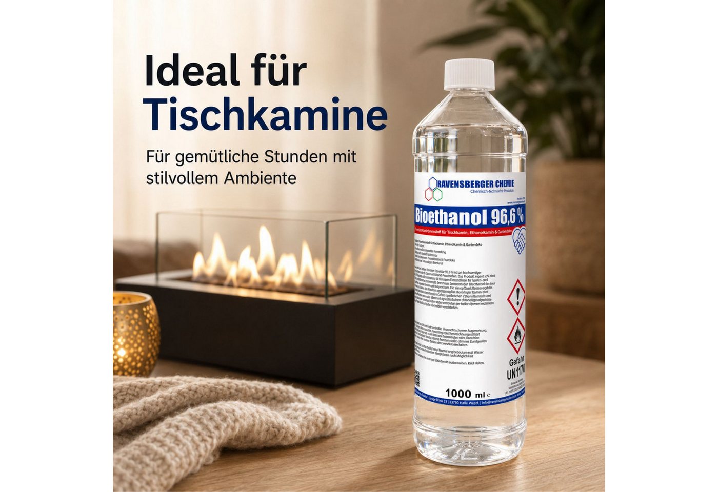 Ravensberger Chemie Bioethanol 96,6 % Premium Kaminbrennstoff für Tischkamin Ethanol Kamin, 1 l, Premium Bioethanol 96,6 % für Tischkamin & Ethanolkamin - 1L – Bild 3 von 5