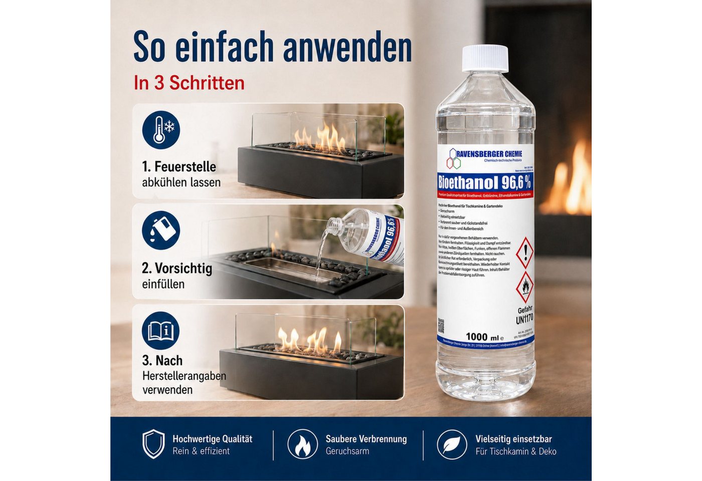 Ravensberger Chemie Bioethanol 96,6 % Premium Kaminbrennstoff für Tischkamin Ethanol Kamin, 1 l, Premium Bioethanol 96,6 % für Tischkamin & Ethanolkamin - 1L – Bild 4 von 5
