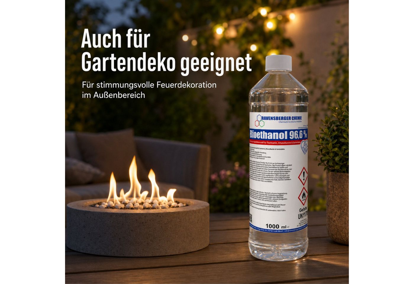 Ravensberger Chemie Bioethanol 96,6 % Premium Kaminbrennstoff für Tischkamin Ethanol Kamin, 1 l, Premium Bioethanol 96,6 % für Tischkamin & Ethanolkamin - 1L – Bild 5 von 5