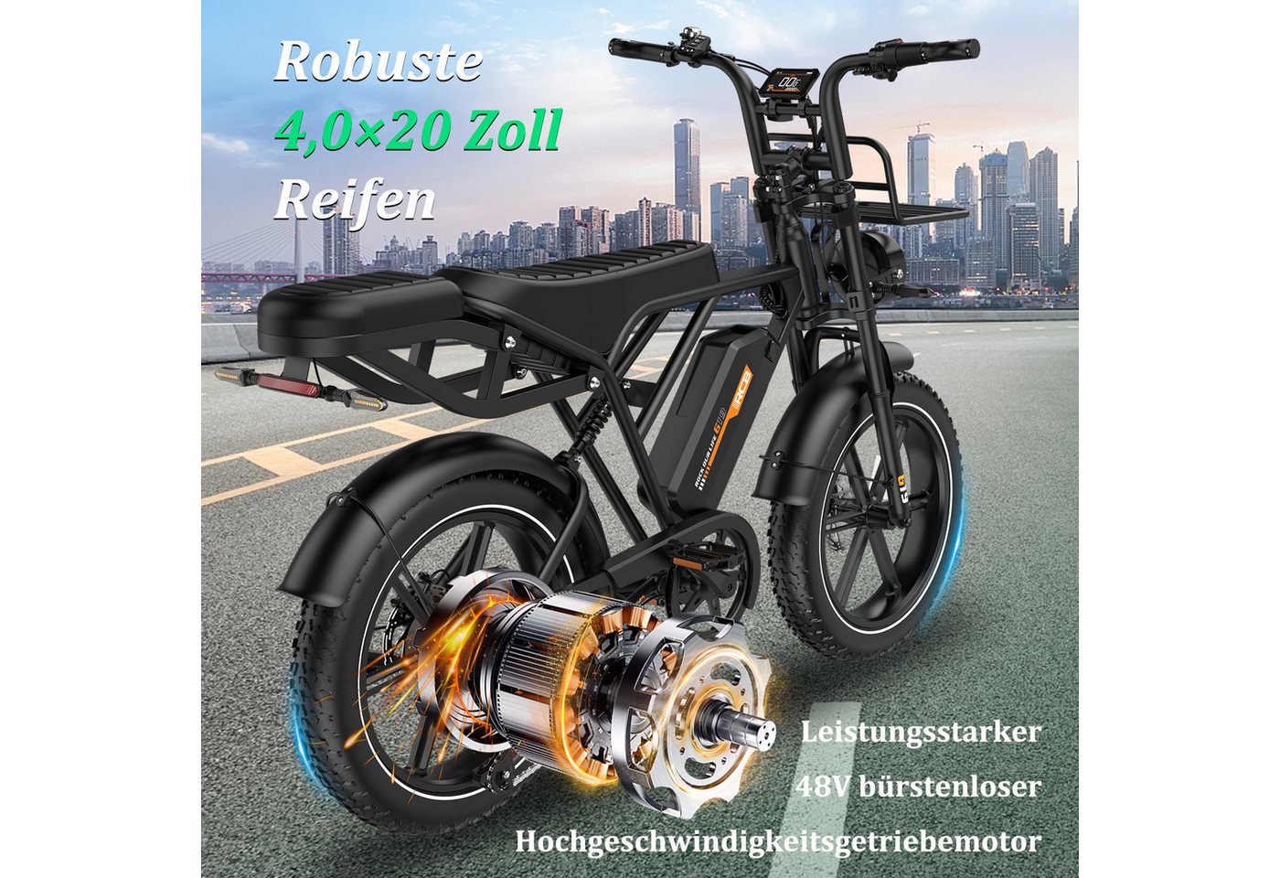 RCB E-Bike Pedelec G19,20×4,0Zoll,48V22,5Ah,bis 180KM,1365W Spitzenleistung,ABS-Ölbremsen, 7 Gang, Heckmotor, 1080 Wh, Blinker, NFC&APP, Drehmomentsensor, Steig – Bild 2 von 5