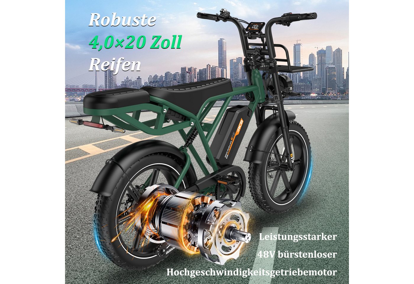 RCB E-Bike Pedelec G19,20×4,0Zoll,48V22,5Ah,bis 180KM,1365W Spitzenleistung,ABS-Ölbremsen, 7 Gang, Heckmotor, 1080 Wh, Blinker, NFC&APP, Drehmomentsensor, Steig – Bild 2 von 5