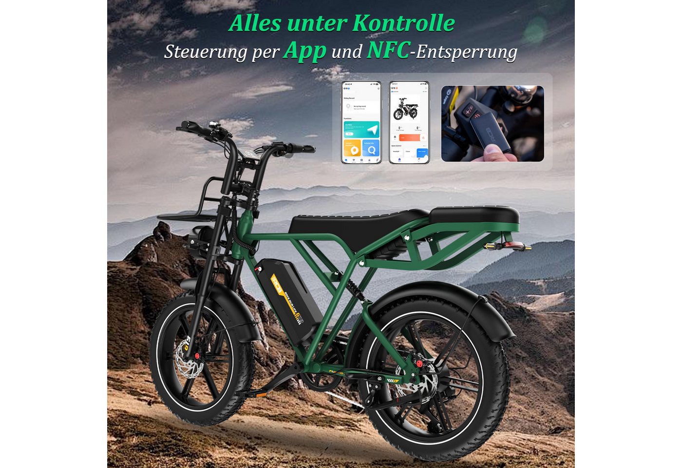 RCB E-Bike Pedelec G19,20×4,0Zoll,48V22,5Ah,bis 180KM,1365W Spitzenleistung,ABS-Ölbremsen, 7 Gang, Heckmotor, 1080 Wh, Blinker, NFC&APP, Drehmomentsensor, Steig – Bild 4 von 5