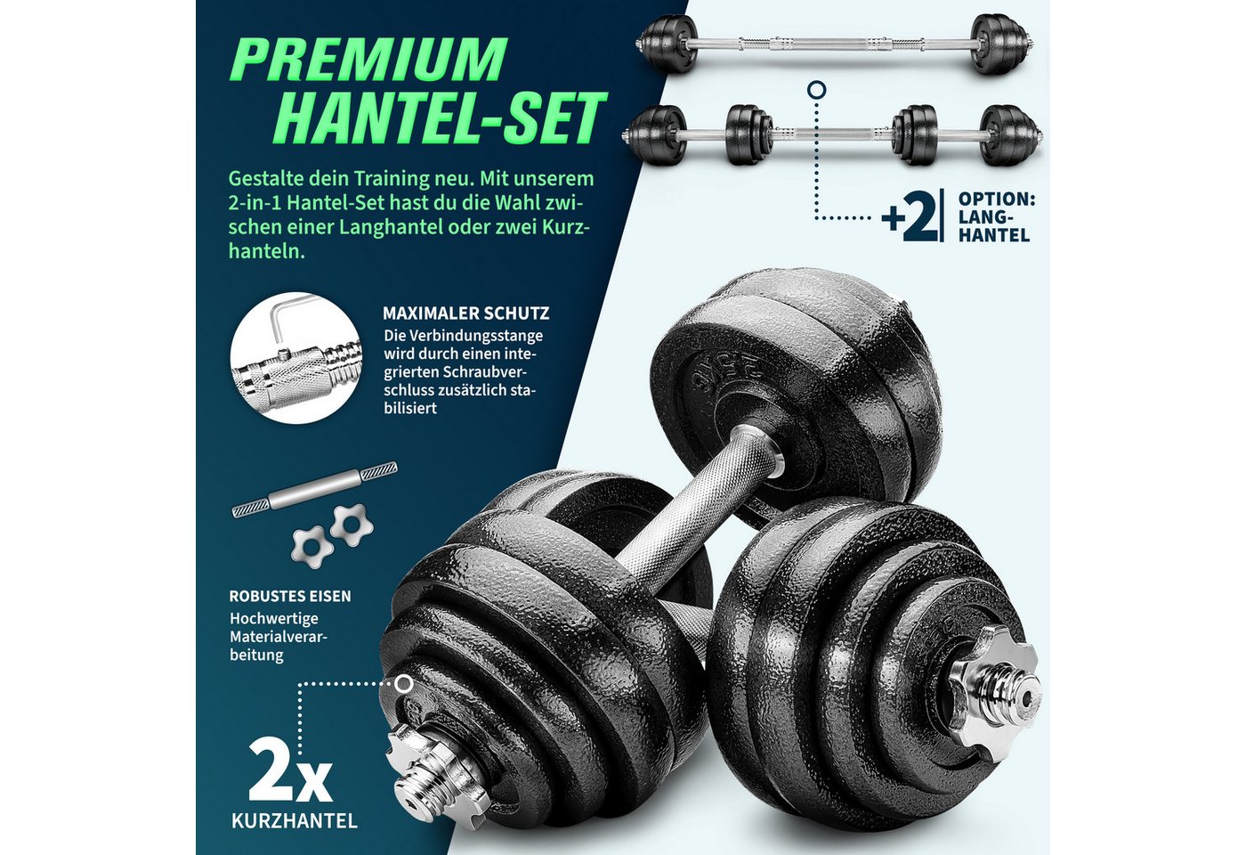 RE:SPORT Hantel-Set, 2 in 1 Hanteln Set, Hantelset Gusseisen verstellbar – Bild 2 von 5