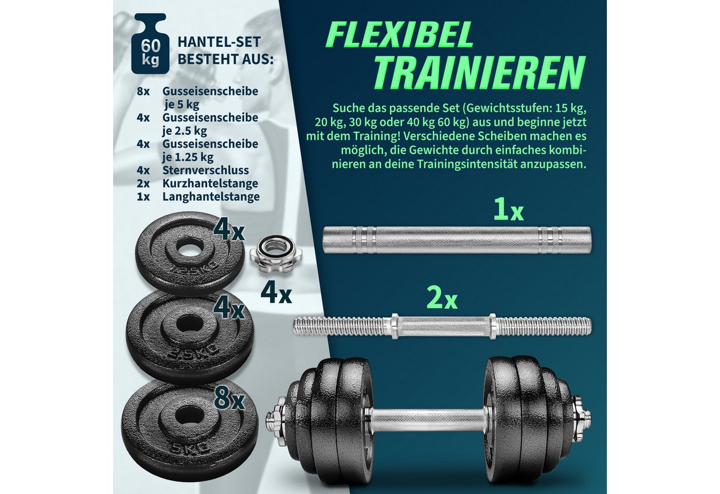 RE:SPORT Hantel-Set, 2 in 1 Hanteln Set, Hantelset Gusseisen verstellbar – Bild 5 von 5