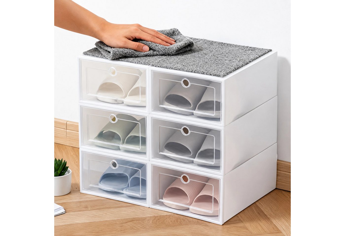 Realb2b Schuhregal Schuhbox Organizer 12er-Set mit Klappe, stapelbar, 33 × 24 × 12 cm, Schuhbox Organizer 12er-Set mit Klappe und Kunststoffausführung 24-tlg.,  – Bild 2 von 5