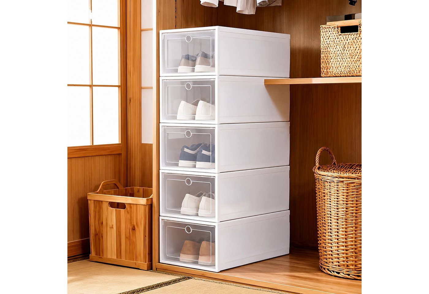 Realb2b Schuhregal Schuhbox Organizer 12er-Set mit Klappe, stapelbar, 33 × 24 × 12 cm, Schuhbox Organizer 12er-Set mit Klappe und Kunststoffausführung 24-tlg.,  – Bild 4 von 5