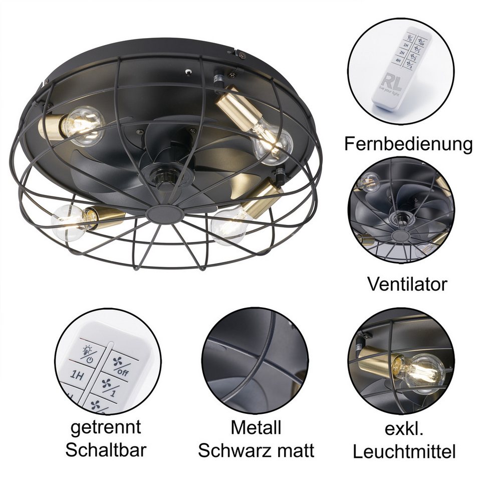 Reality Leuchten Deckenleuchte Trondheim Deckenventilator, Timerfunktion, Ventilatorfunktion, Leuchtmittel wechselbar, Deckenlampe Ventilator getrennt schaltbar – Bild 3 von 5