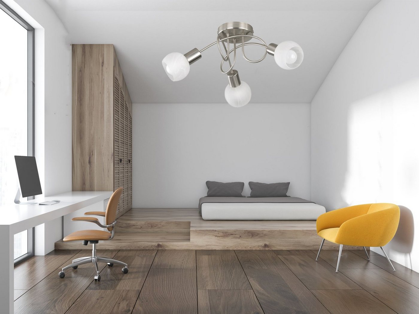 Reality Leuchten LED Deckenstrahler, Dimmfunktion, LED wechselbar, Warmweiß, innen, über-n Esstisch & im Treppenhaus Lampenschirme Glas Weiß, Ø47cm – Bild 5 von 5