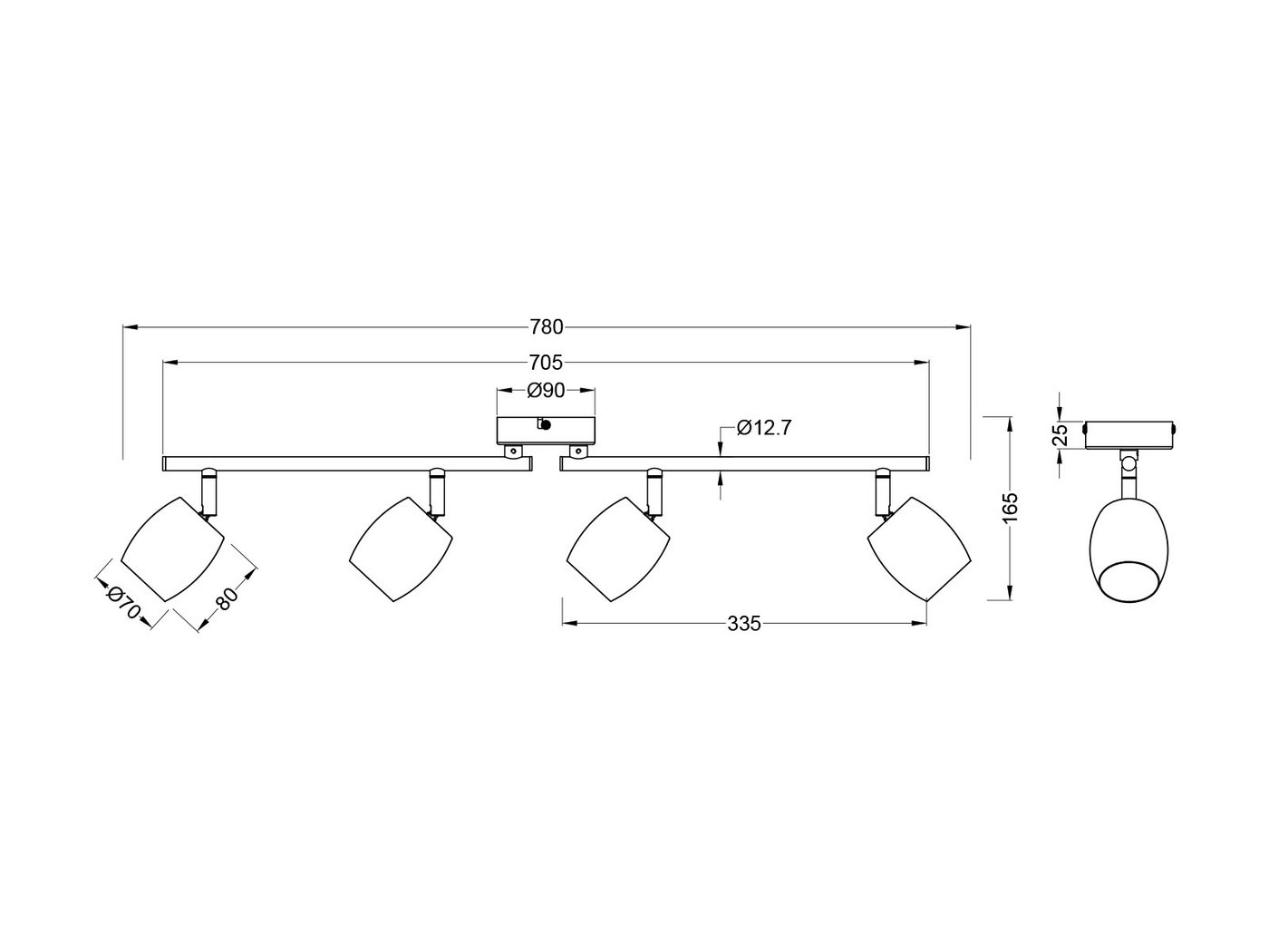 Reality Leuchten LED Deckenstrahler, Dimmfunktion, LED wechselbar, Warmweiß, Innen Strahler mit 4 schwenkbaren Spots für die Decke, Breite 70,5cm – Bild 5 von 5