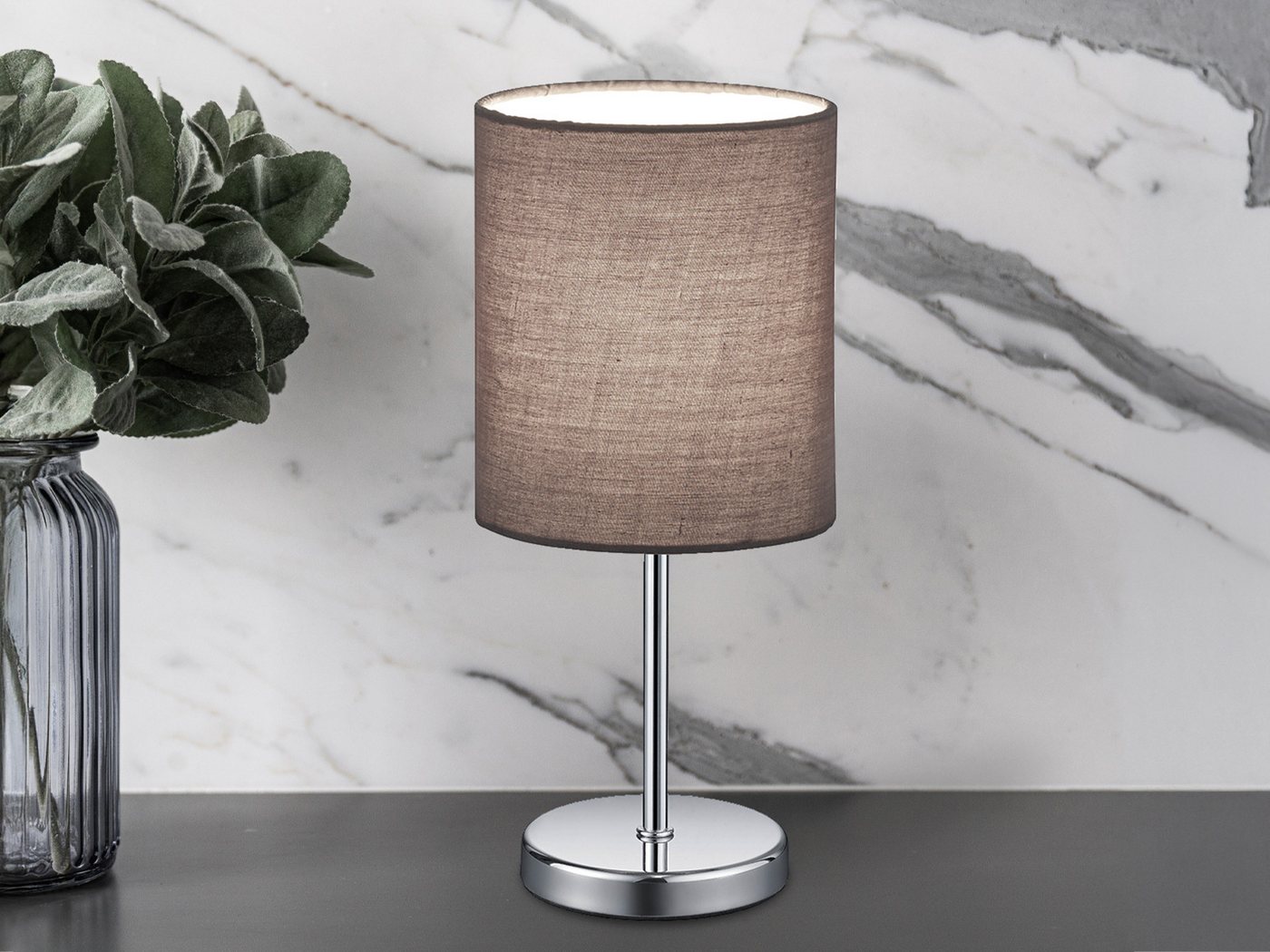 Reality Leuchten LED Nachttischlampe, Dimmfunktion, LED wechselbar, Warmweiß, kleine Designklassiker dimmbar, Fensterlampe Stoff Lampenschirm Grau – Bild 2 von 5