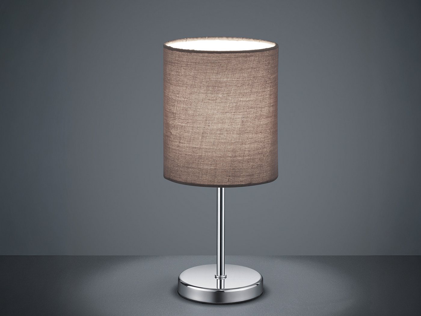 Reality Leuchten LED Nachttischlampe, Dimmfunktion, LED wechselbar, Warmweiß, kleine Designklassiker dimmbar, Fensterlampe Stoff Lampenschirm Grau – Bild 3 von 5