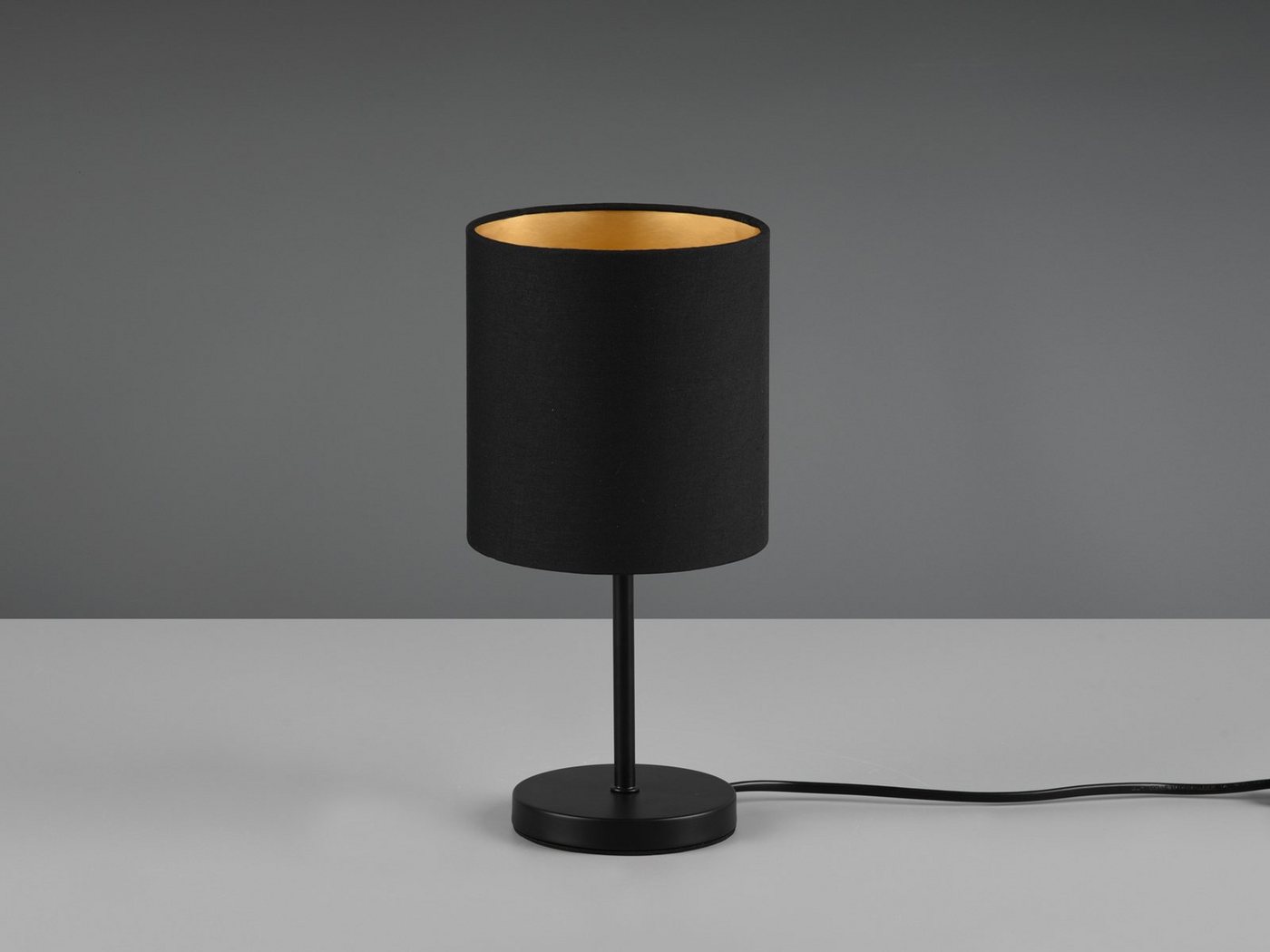 Reality Leuchten LED Nachttischlampe, Dimmfunktion, LED wechselbar, Warmweiß, kleine Designklassiker dimmbar, Fensterlampe Lampenschirm Schwarz Gold – Bild 5 von 5