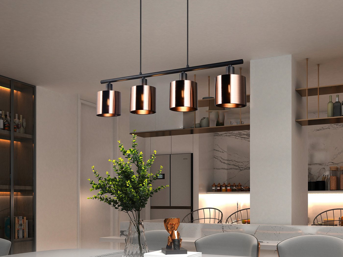 Reality Leuchten LED Pendelleuchte, Dimmfunktion, LED wechselbar, Warmweiß, Esstisch Lampe hängend mehrflammig Lampenschirme Bronzefarbig, B: 75cm – Bild 3 von 5
