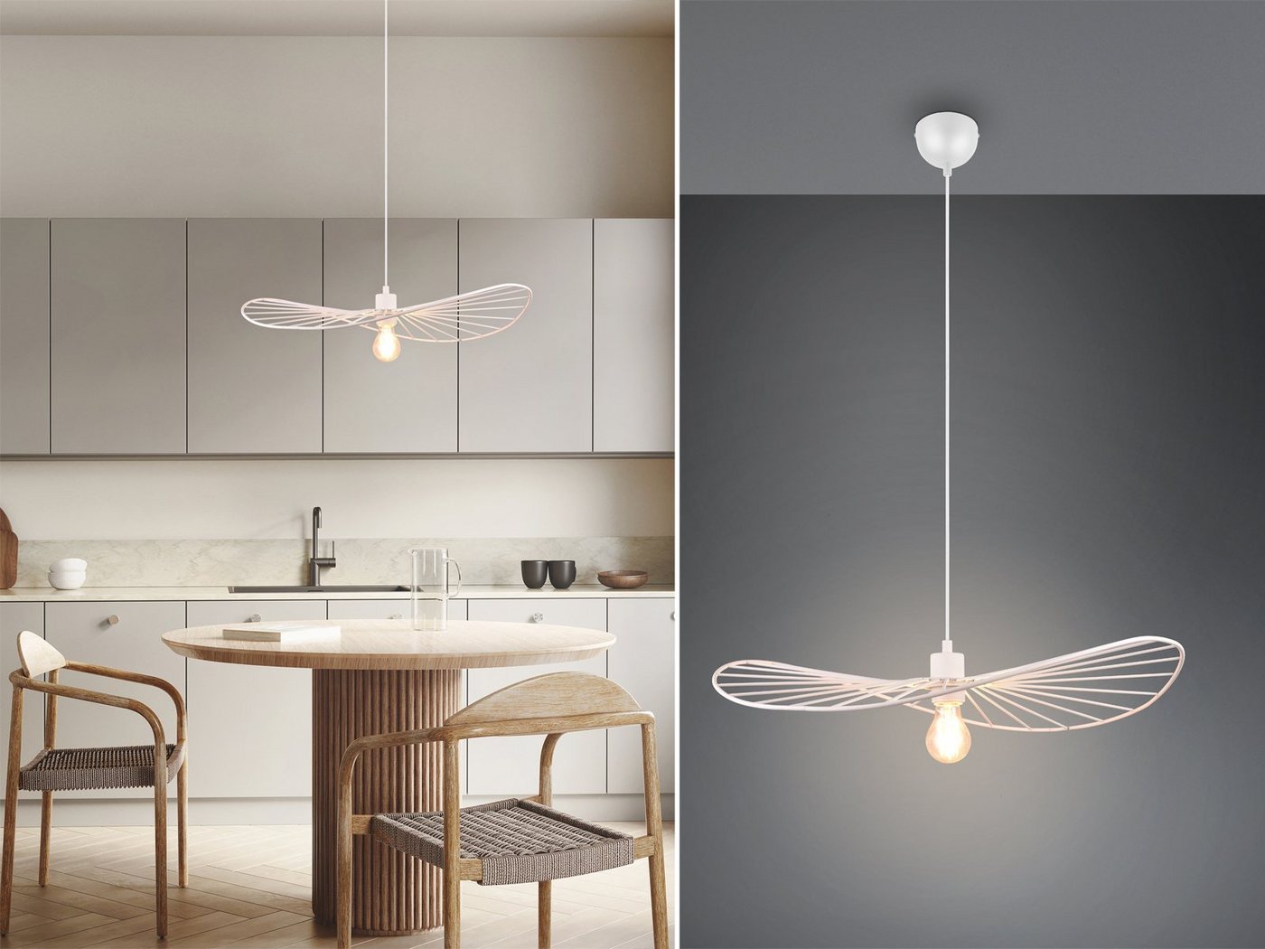 Reality Leuchten LED Pendelleuchte, Dimmfunktion, LED wechselbar, Warmweiß, für über-n Esstisch Retro Style dimmbar Lampenschirm Weiß 60cm – Bild 2 von 5