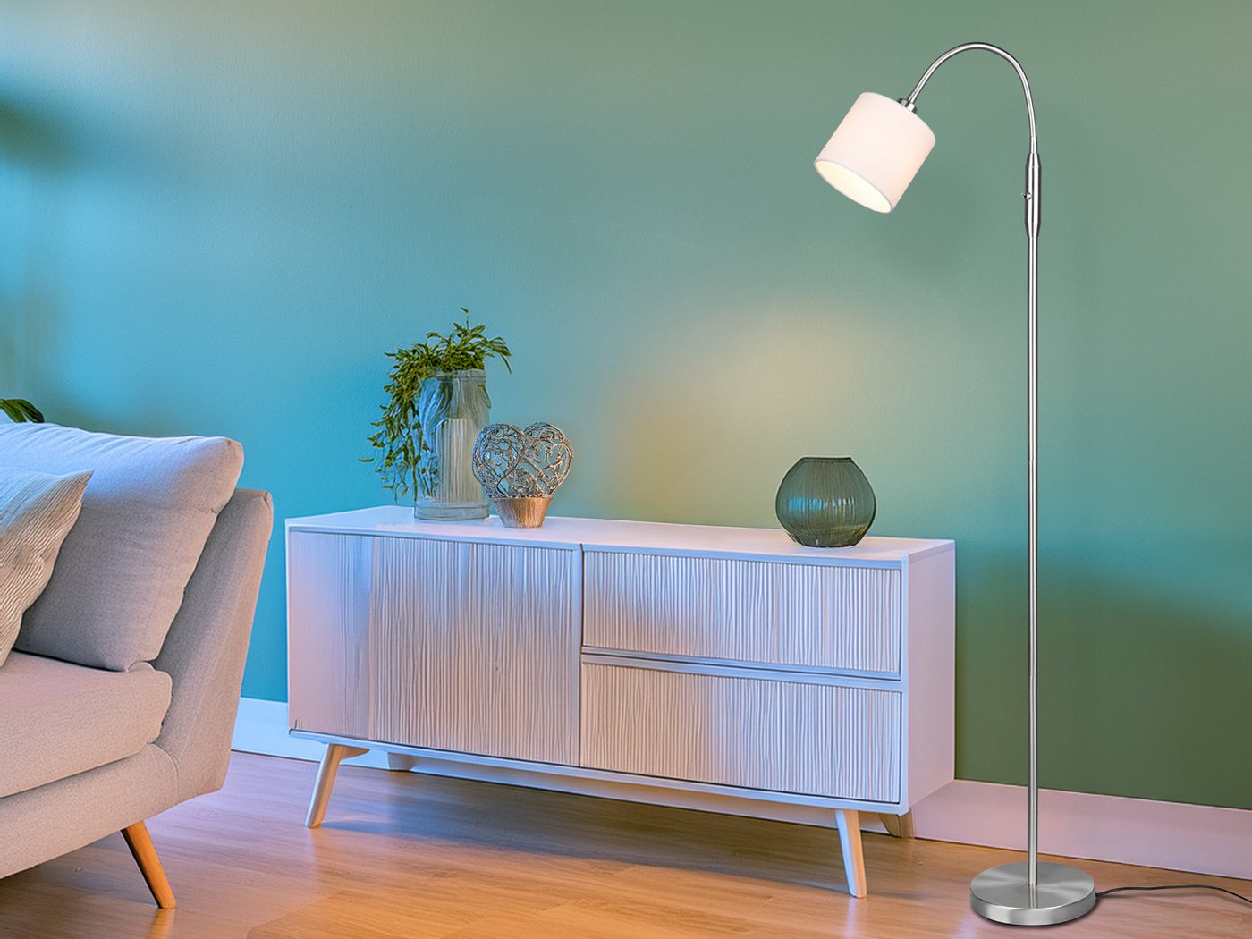 Reality Leuchten LED Stehlampe mit Flexarm & Stoffschirm, Höhe 130cm, Dimmfunktion, LED wechselbar, Warmweiß, kleine Lese Stehleuchte zum Lesen mit Schwanenhals – Bild 2 von 5