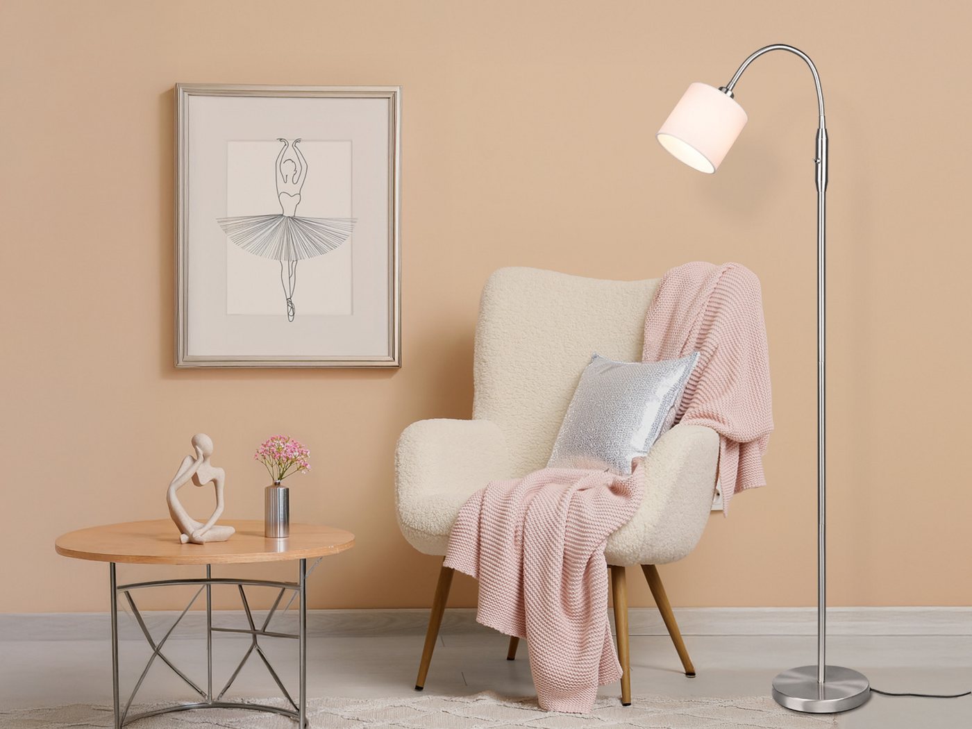 Reality Leuchten LED Stehlampe mit Flexarm & Stoffschirm, Höhe 130cm, Dimmfunktion, LED wechselbar, Warmweiß, kleine Lese Stehleuchte zum Lesen mit Schwanenhals – Bild 5 von 5