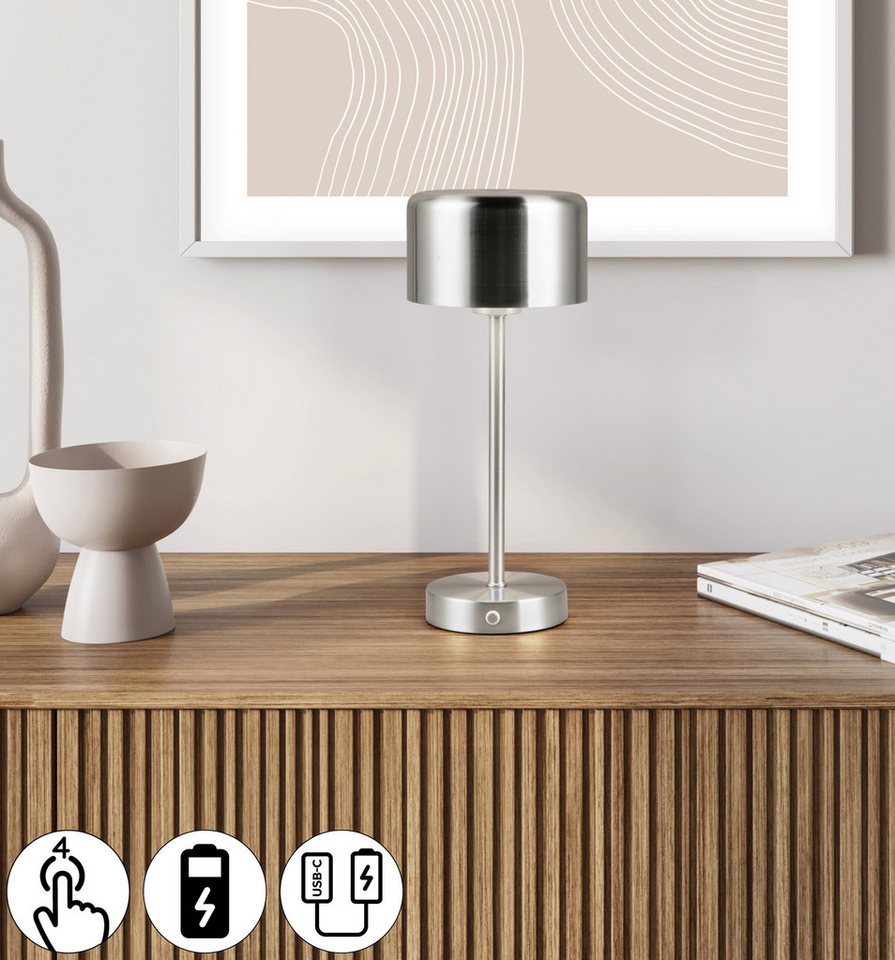 Reality Leuchten LED Tischleuchte JEFF, Dimmfunktion, USB-Ladefunktion, LED fest integriert, Warmweiß, Akku Tischlampe mit USB-C Anschluss, Touchdimmer 4 Stufen – Bild 2 von 5