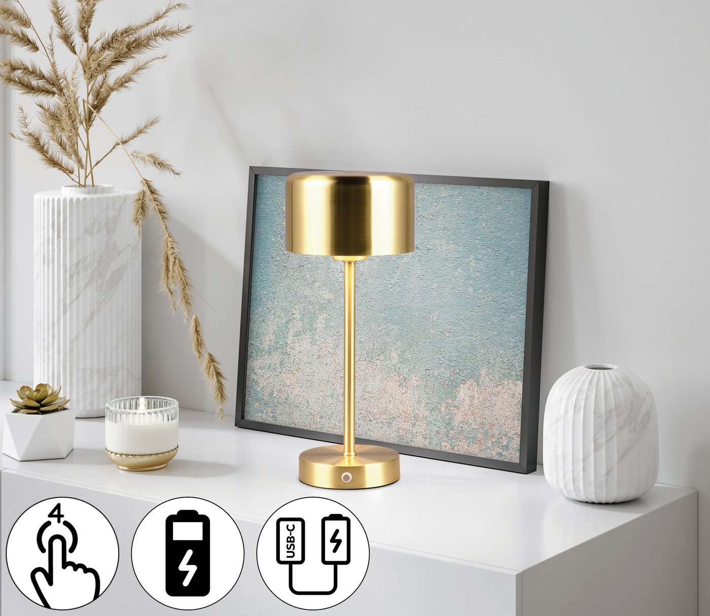 Reality Leuchten LED Tischleuchte JEFF, Dimmfunktion, USB-Ladefunktion, LED fest integriert, Warmweiß, Akku Tischlampe mit USB-C Anschluss, Touchdimmer 4 Stufen – Bild 2 von 5