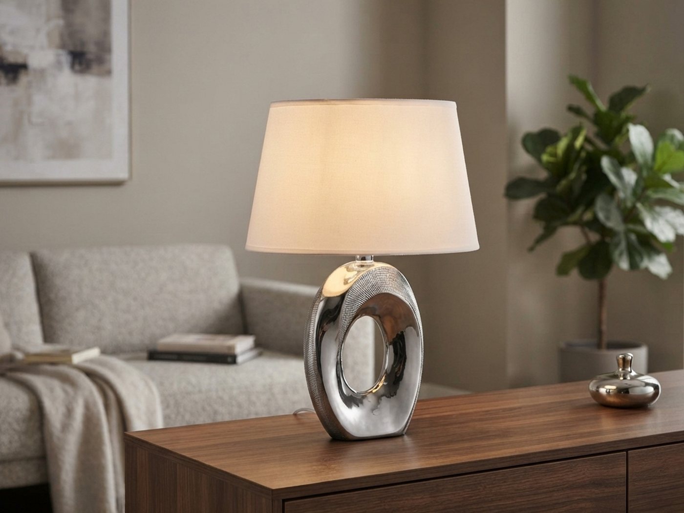 Reality Leuchten LED Tischleuchte mit Keramik Fuß & Stoffschirm, Höhe 33cm, dimmbar, LED wechselbar, Warmweiß, ausgefallene Nacht-Tischlampe mit E14 LED – Bild 2 von 5