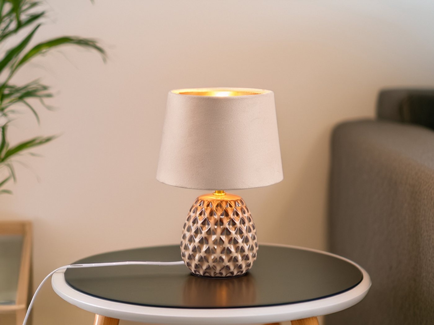 Reality Leuchten LED Tischleuchte mit Keramikfuß & Samtschirm, Höhe 27cm, dimmbar, LED wechselbar, warmweiß, kleine Retro Nachttisch-lampe für Fensterbank, inkl – Bild 2 von 5